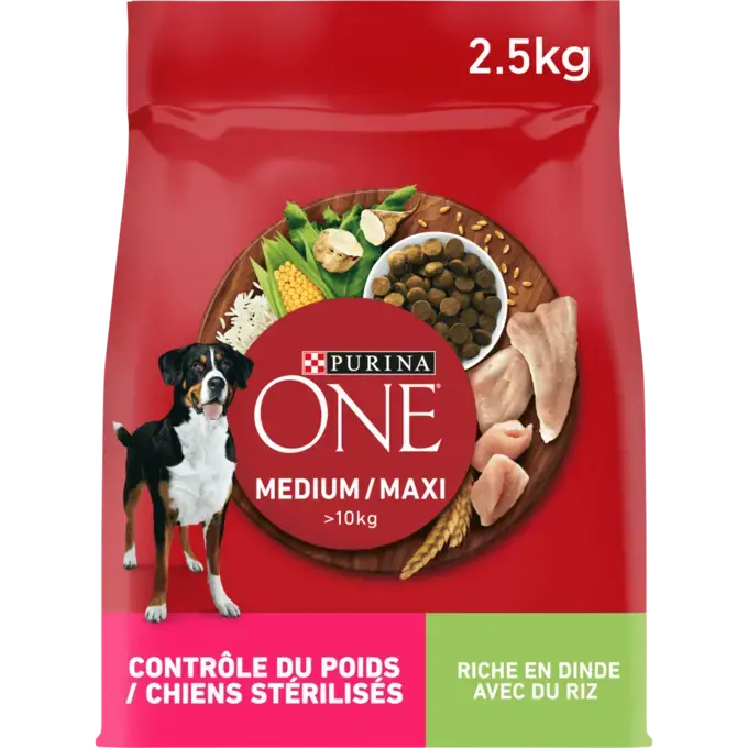 PURINA® ONE® MEDIUM MAXI > 10kg Controllo del Peso / Cani sterilizzati, Ricche di Tacchino con Riso