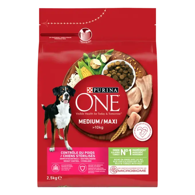 PURINA® ONE® MEDIUM MAXI > 10kg Controllo del Peso / Cani sterilizzati, Ricche di Tacchino con Riso