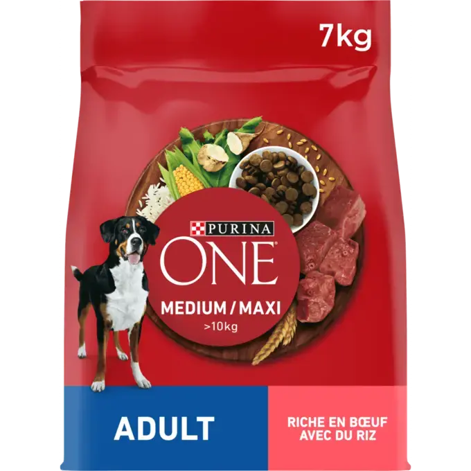 PURINA® ONE® Medium / Maxi > 10kg Crocchette per cane adulto Ricche di Manzo con Riso