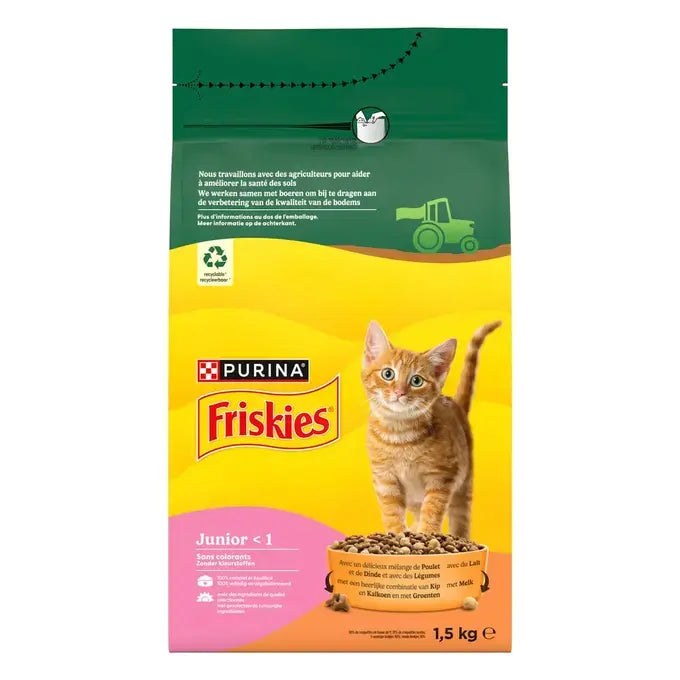 FRISKIES® JUNIOR - Crocchette per Gattino con un delizioso mix di Pollo e Tacchino con Latte