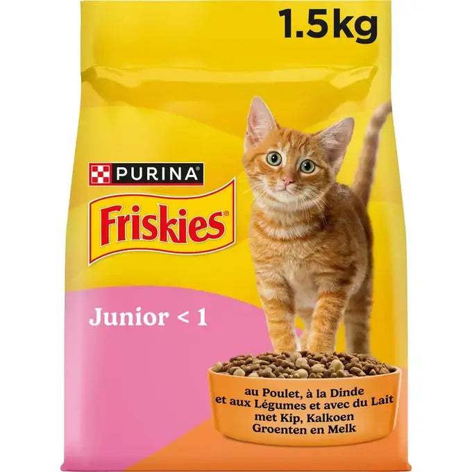 FRISKIES® JUNIOR - Crocchette per Gattino con un delizioso mix di Pollo e Tacchino con Latte