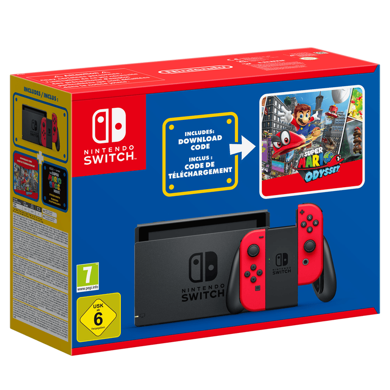 Nintendo Switch (rosso) + Super Mario Odyssey + adesivi Super Mario Bros. - Il film