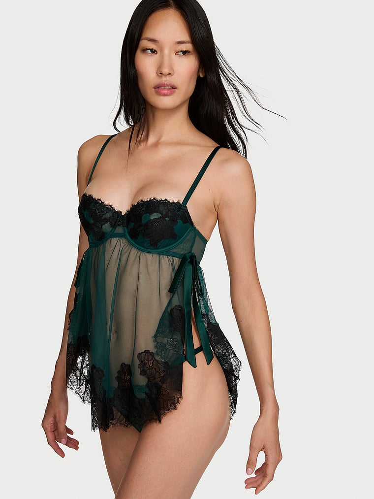 Set babydoll trasparente non imbottito con bordi in pizzo Wicked