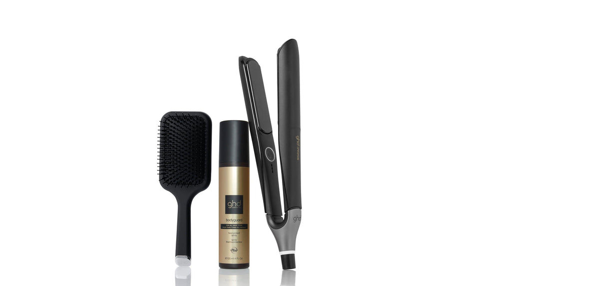 Trio ghd piastra chronos + spazzola + spray
