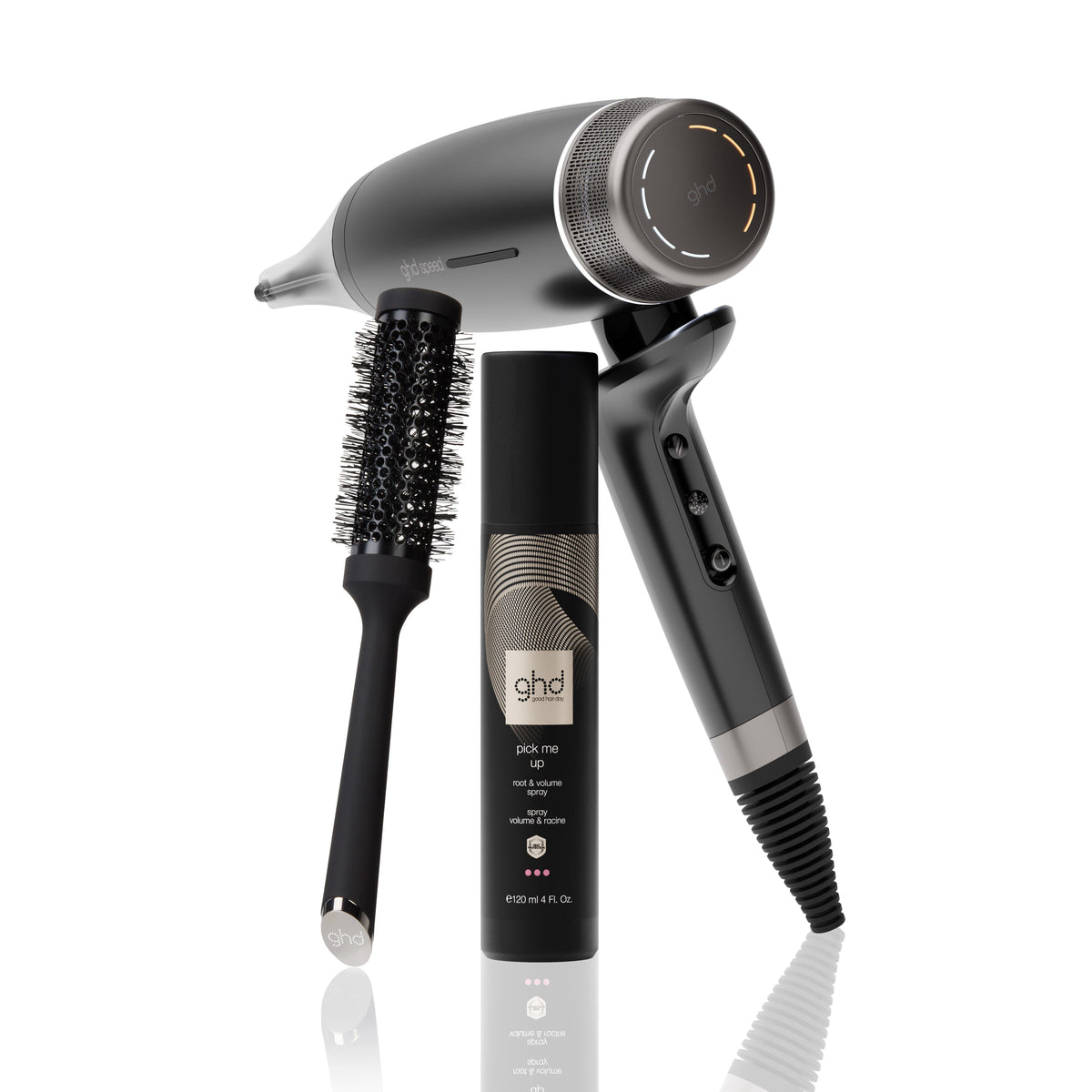 Nuovo trio asciugacapelli ultrarapido ghd speed + spray volumizzante + spazzola rotonda misura 2