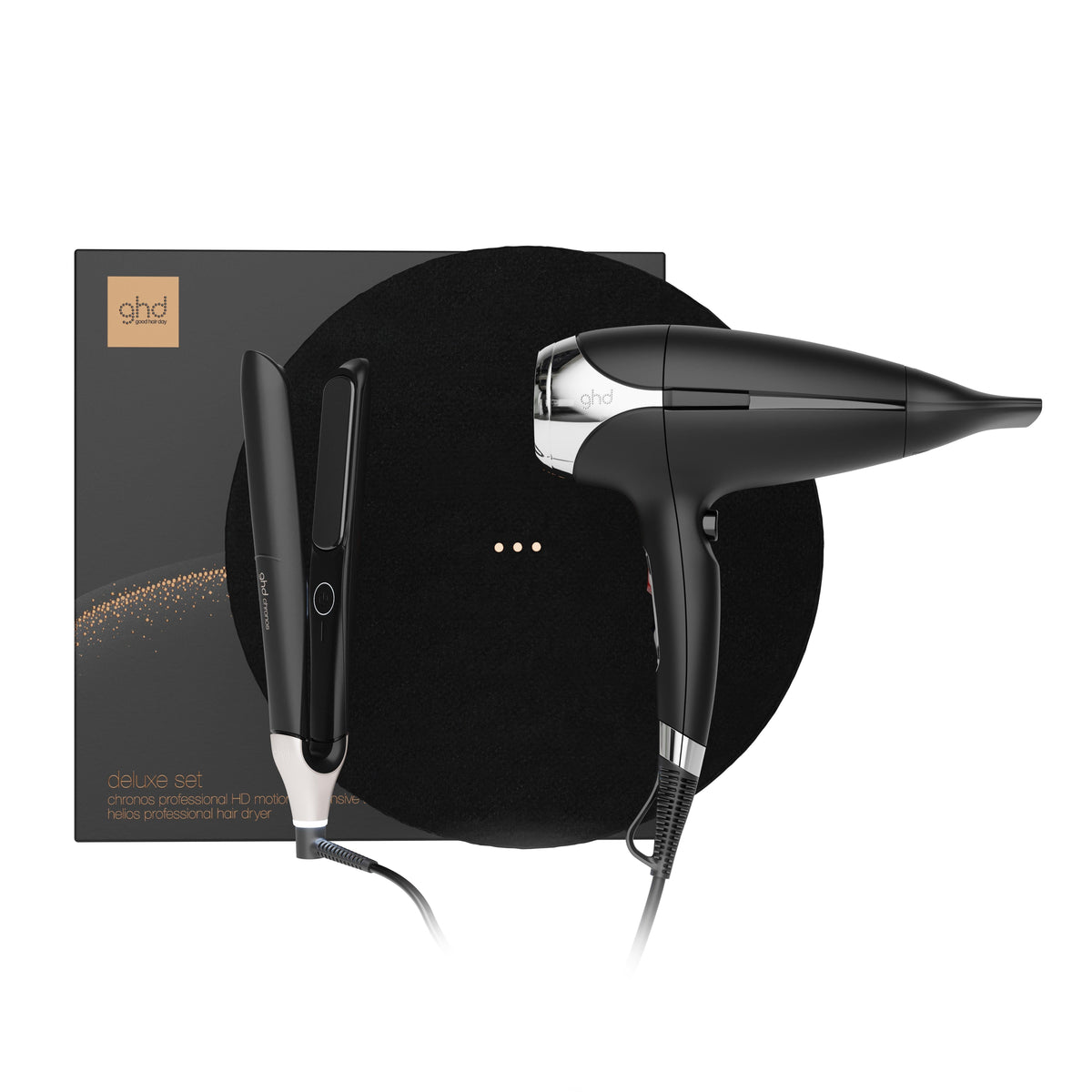 Nuovo cofanetto ghd deluxe con piastra chronos e asciugacapelli helios