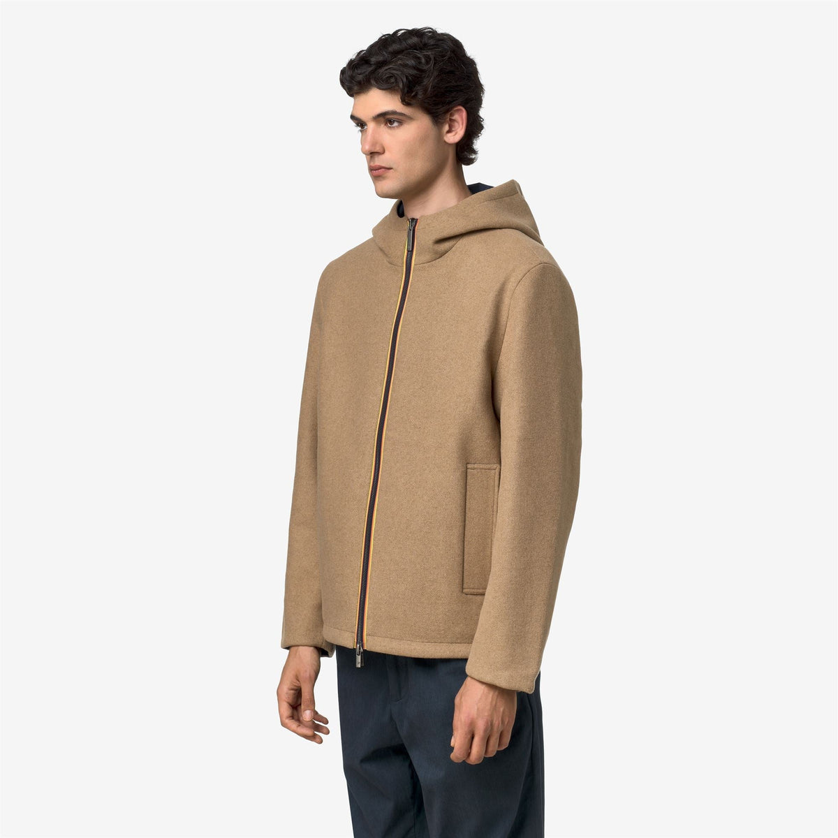 K-Way Claudel Wool Bonded Double – Giacca semilunga da uomo – Beige Khaki - Blue Depth