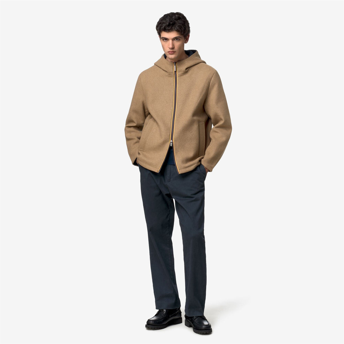 K-Way Claudel Wool Bonded Double – Giacca semilunga da uomo – Beige Khaki - Blue Depth