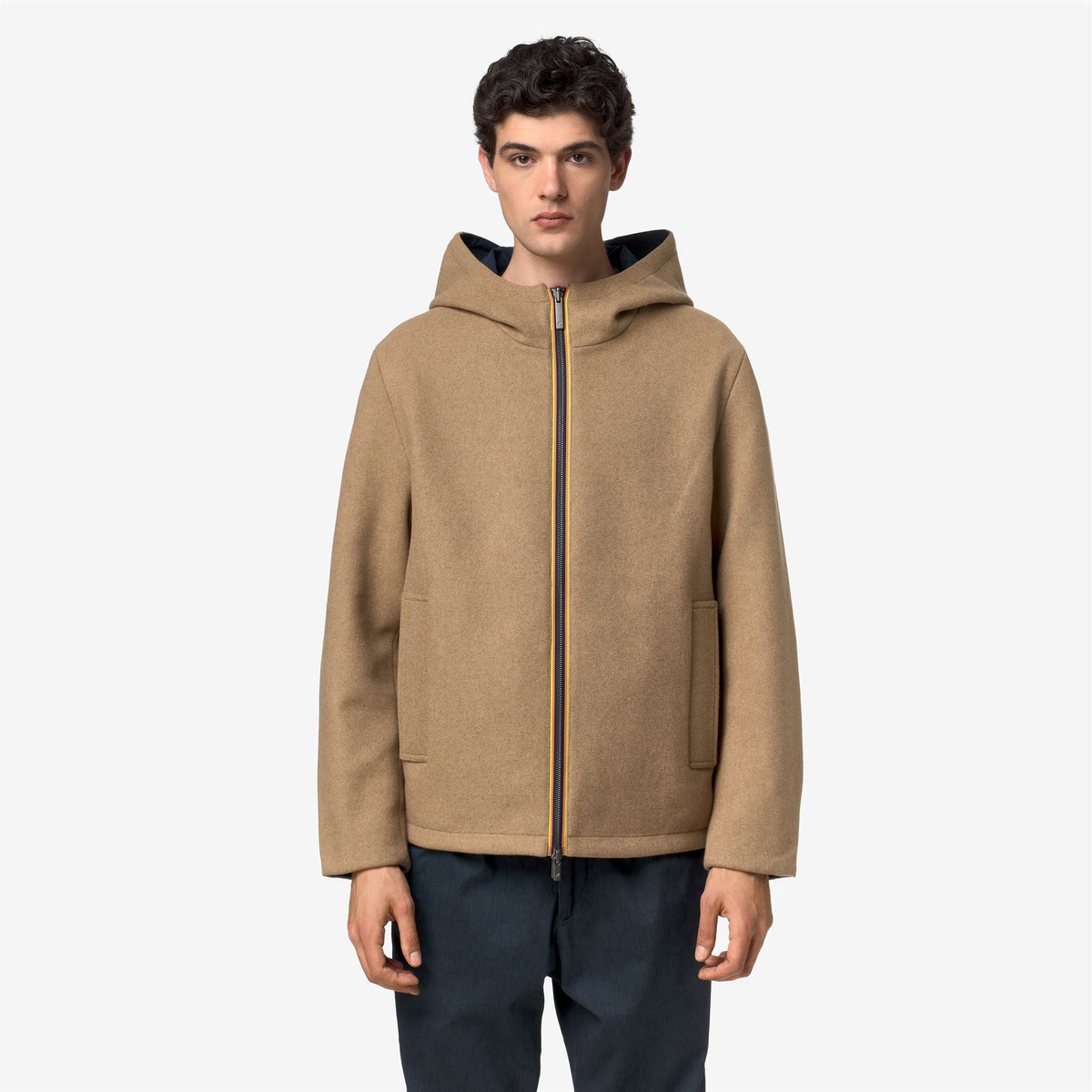 K-Way Claudel Wool Bonded Double – Giacca semilunga da uomo – Beige Khaki - Blue Depth