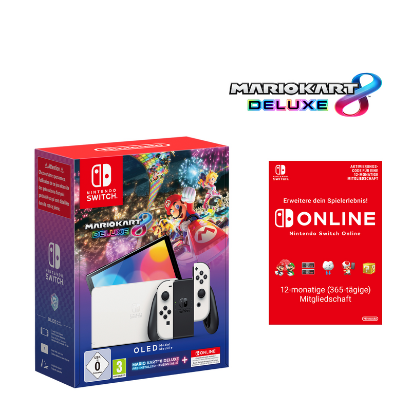 Nintendo Switch – Modello OLED (bianco) + Mario Kart 8 Deluxe + abbonamento individuale di 12 mesi (365 giorni) al servizio Nintendo Switch Online