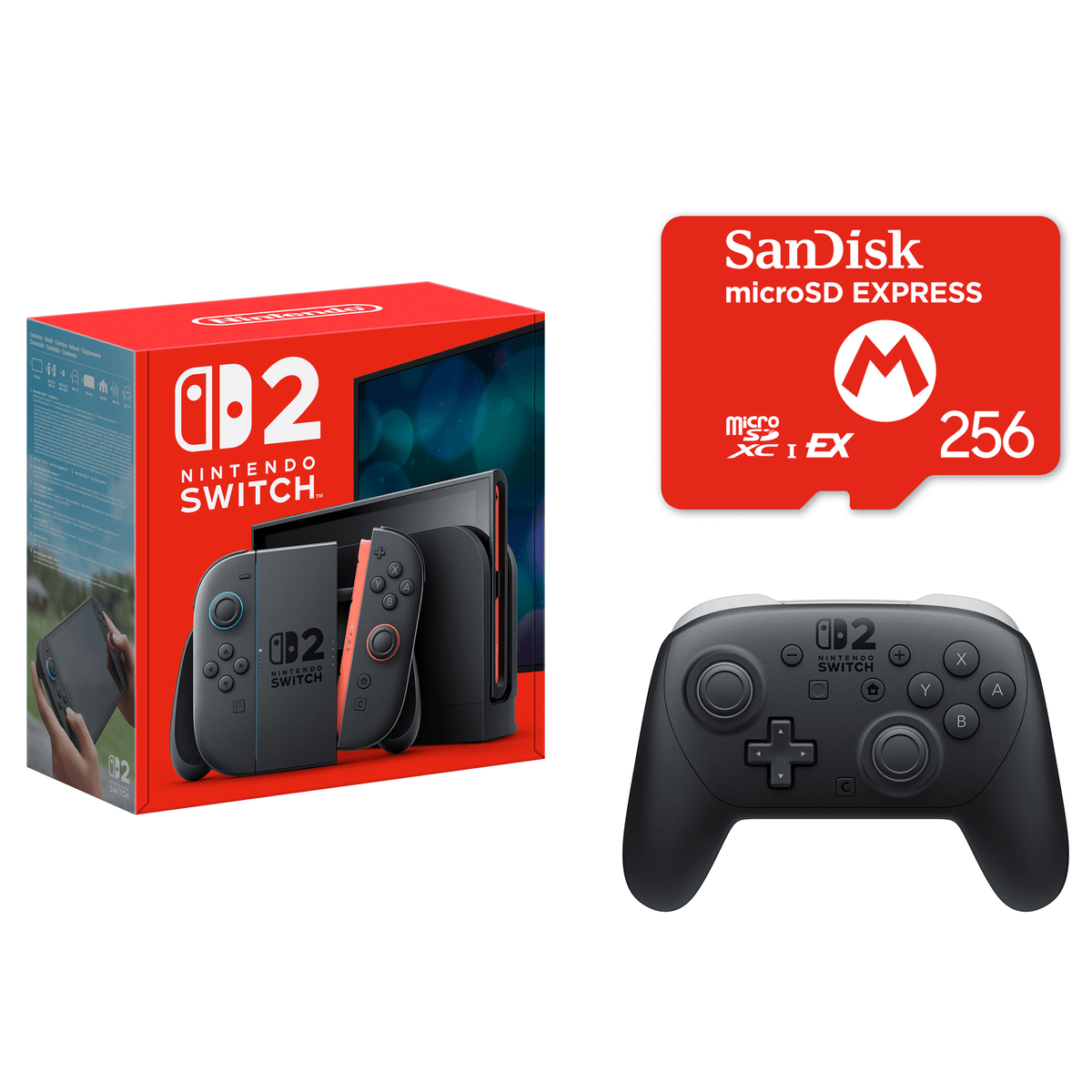 Nintendo Switch 2 + Controller Pro per Nintendo Switch 2 + Scheda microSD Express SanDisk da 256 GB per Nintendo Switch 2